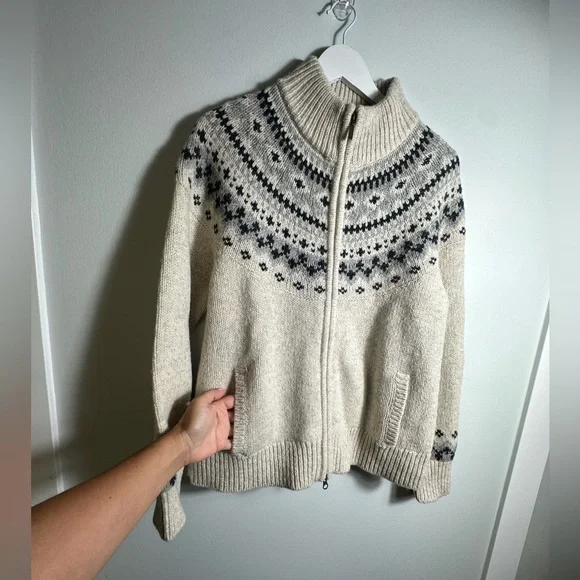 NWT L.L. Bean Fair Isle Classic Rag Wool Grandmacore Zip Cardigan Size Large - Picture 10 of 16
